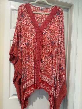 Boho Nostalgia Coral/Red Floral Crochet-TunicTop Beach CoverUp Cinch waist Large